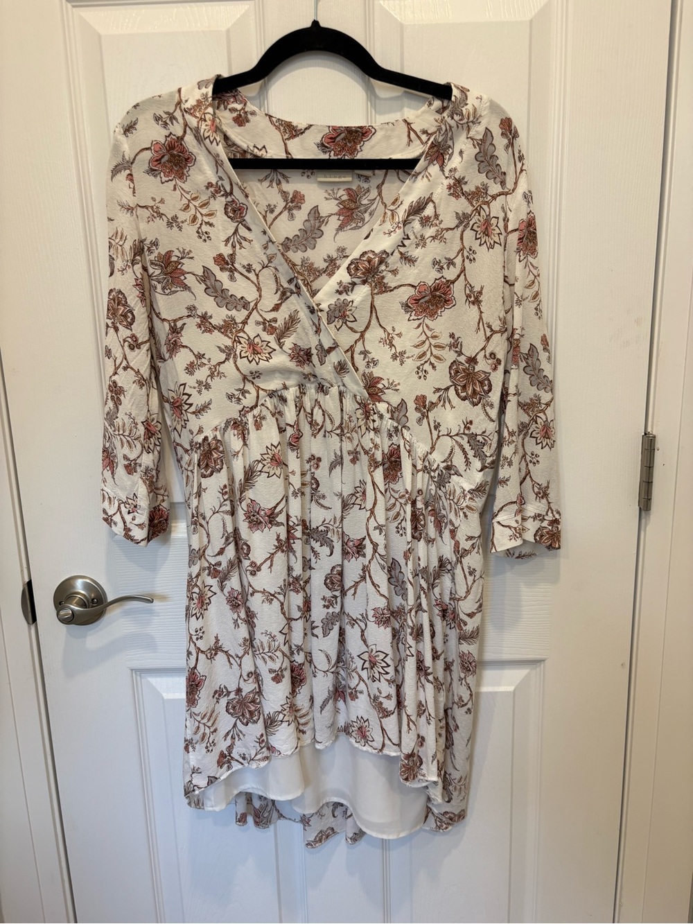 Hinge Cream Floral Wrap Tunic with Brown Accents. #1006